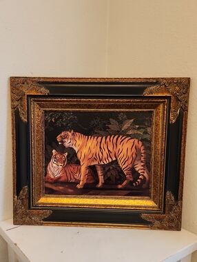 Tiger Art Print in Black and Gold Ornate Frame - Unbranded